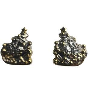 Vintage Best Christmas Santa Sleigh Silver & Gold Tone Stud Earrings 1 1/4" NOS